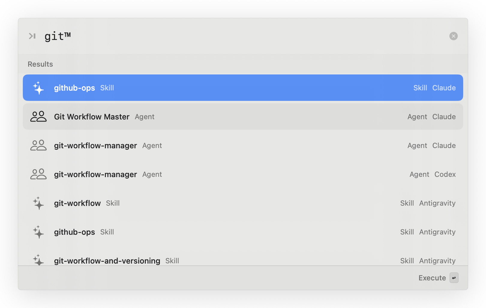 Rouser launcher interface showing search results for agents, skills, and commands